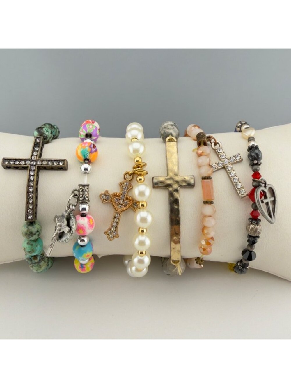 Mixed Cross Charm Beaded Stretch Bracelets Set Of 6 Multicolor
